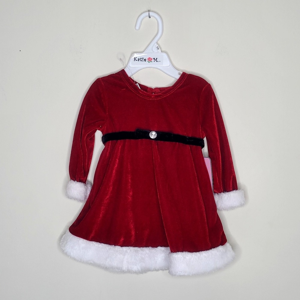 NWT Katie M Baby Girl Red 12M Christmas Holiday Party Dress Santa Velour Fur